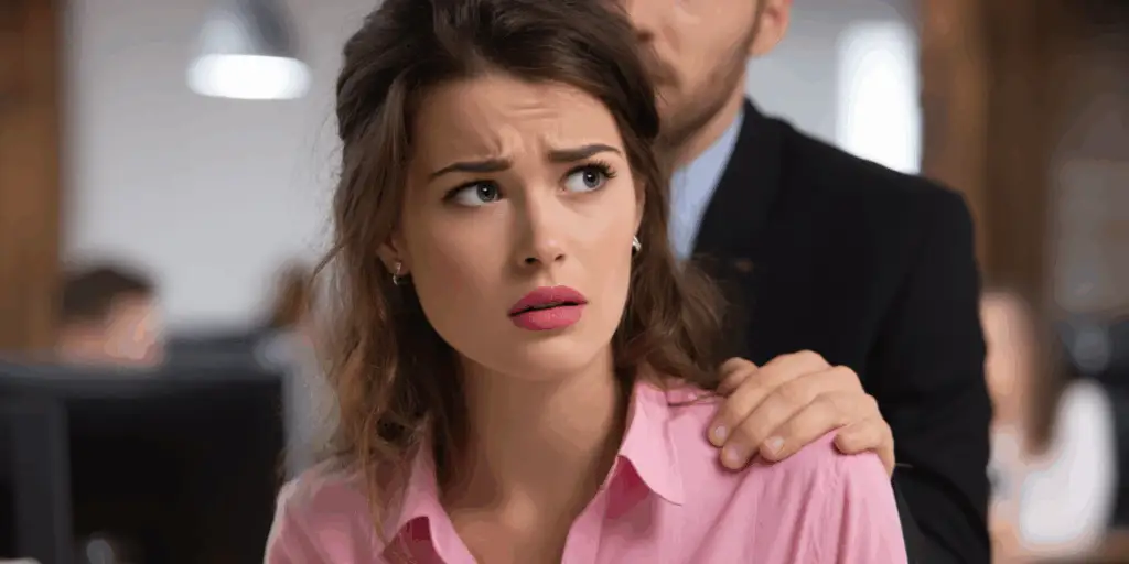 woman looking uncomfortable with mans hand on her shoulder